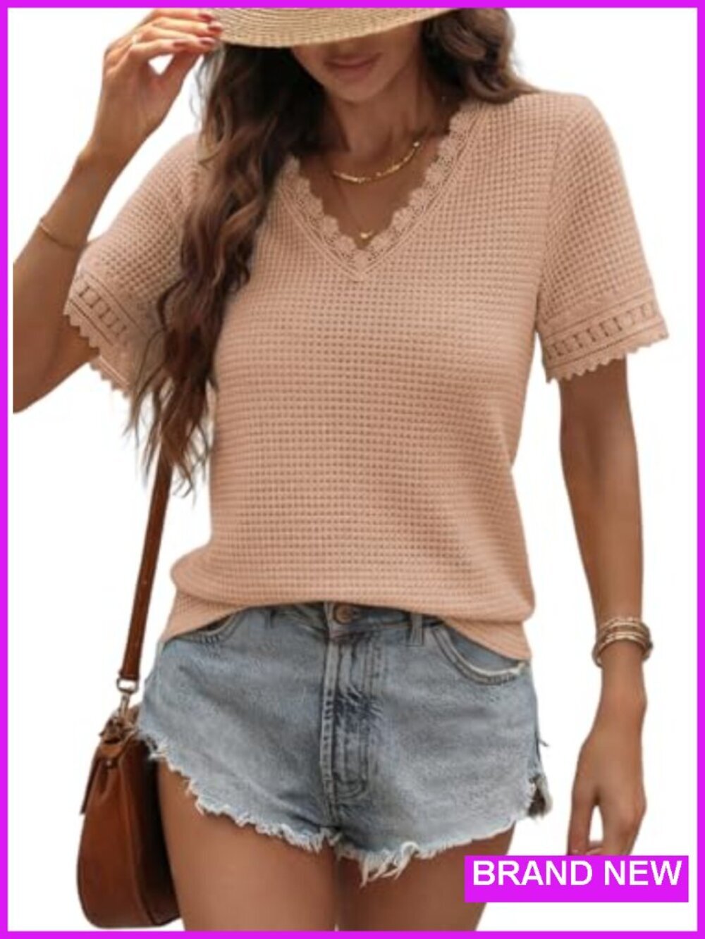 Waffle Knit Lace Patchwork V-Neck Short Sleeve Tunic Top Tee Blouse